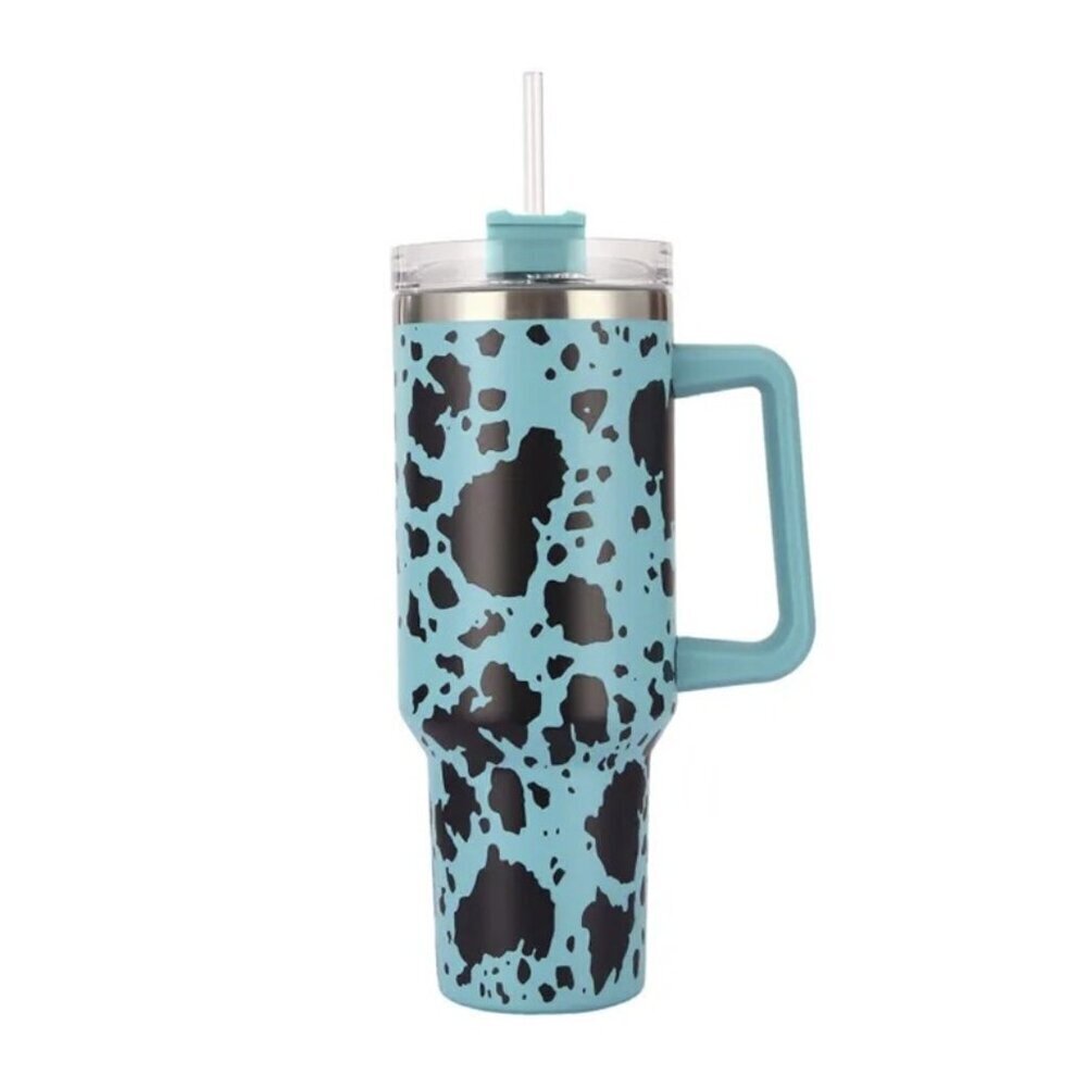 Western Cow Print 40 Oz Stainless Steel Tumbler And Straw New In Box Teal